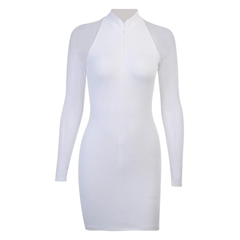 

new solid slim dress women mesh long sleeve half open collar zipper skirt Office Lady Bodycon party bandage winter dress