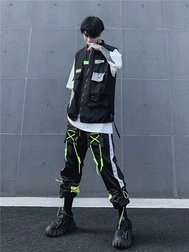 

Drawstring Stitching Cargo pants Men's multi-Pocket Bib Overall Streetwear Hip hop Pants Casual trousers V2-KZ81