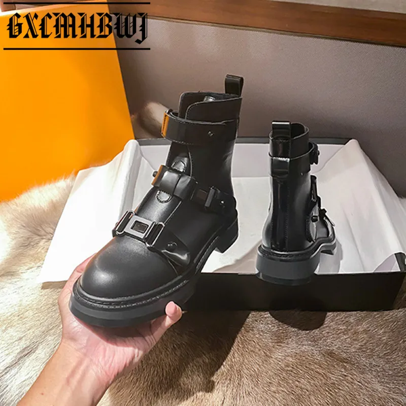 

GXCMHBWJ Martin Boots Autumn winter Flat-bottomed Short Tube Couple Shoes Fashion Buckle Strap Thin Black Short Boots Men Women