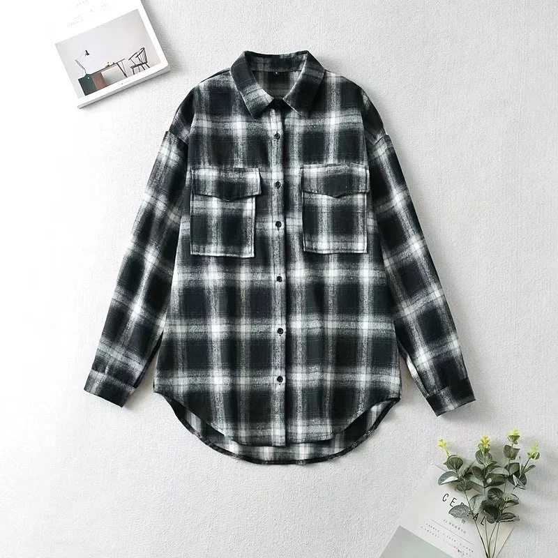 

Женская Элегантная черная рубашка в клетку с отложным воротником, осень 2021, модная женская однобортная рубашка, Женская Повседневная рубаш...