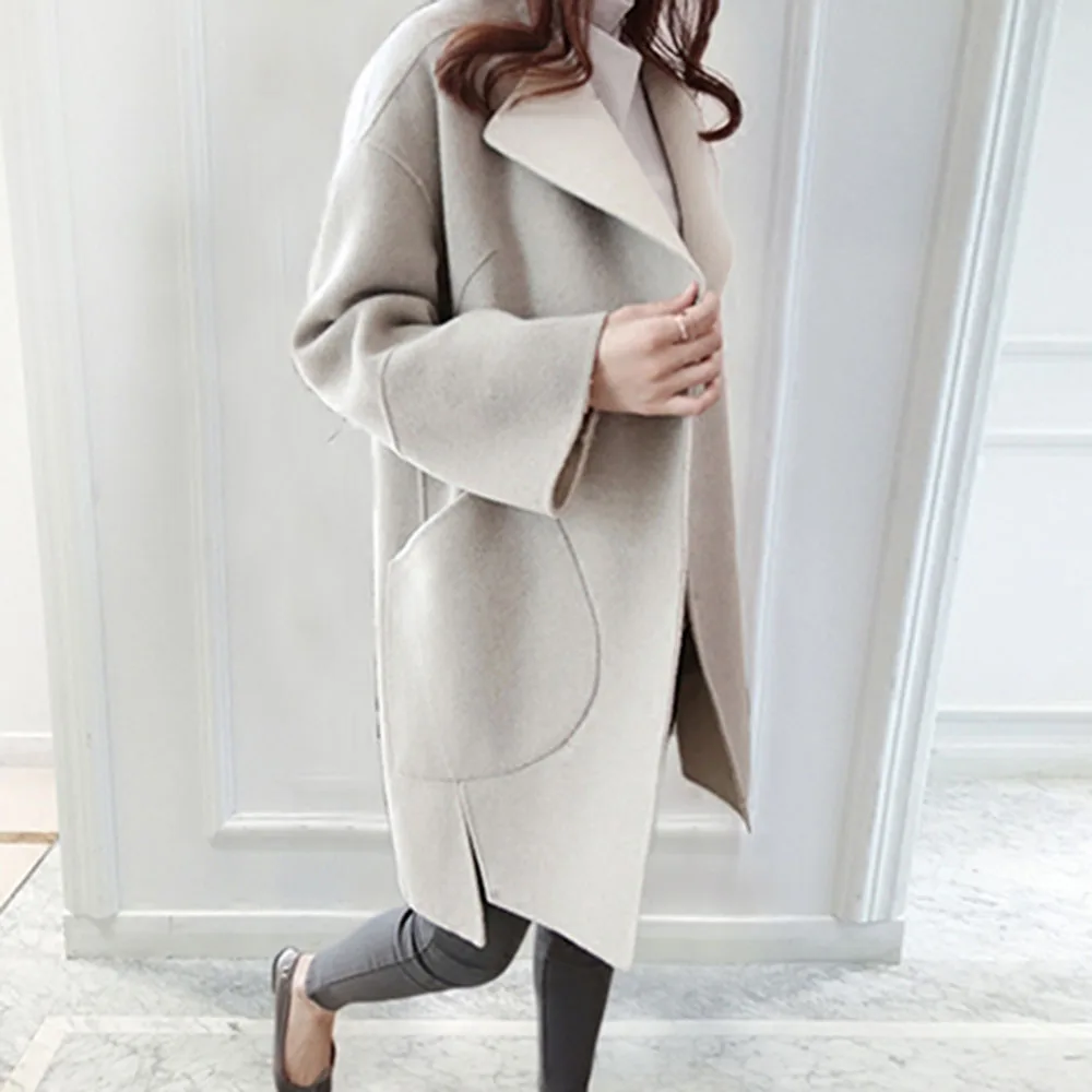 Autumn Long Wool Blends Women Solid Gray Retro Slim Office Ladies Causal Winter Overcoat Korean Style Basic Outwear Minimalist | Женская