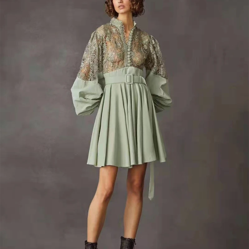 

women embroidery green dress with sashes black patchwork dress white spring short dress long-sleeve dress