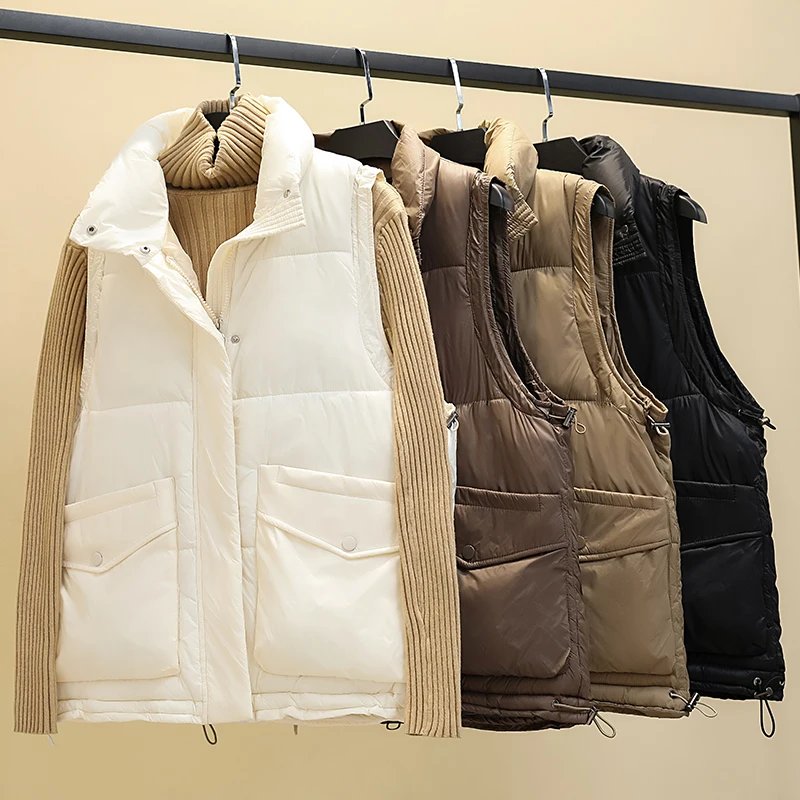 

Winter Vest 2022 New Down Cotton Vest Women's Korean Loose Thick Solid Color Coat Stand-Up Collar With Large Pockets