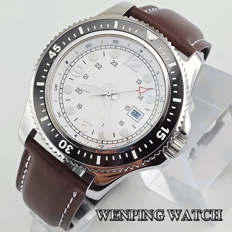 

Bliger 44mm mens top luxury watch silver case ceramic bezel white sterile dial date luminous leather strap mens automatic watch