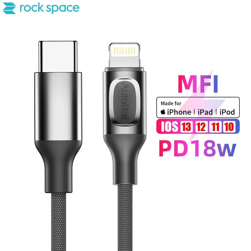 

rock space PD Type C to Lighting Charging Cable 18W for iPhone 12 Pro 11 Xs Max X 8 Plus Macbook Charge MFi USB C Charger Cable