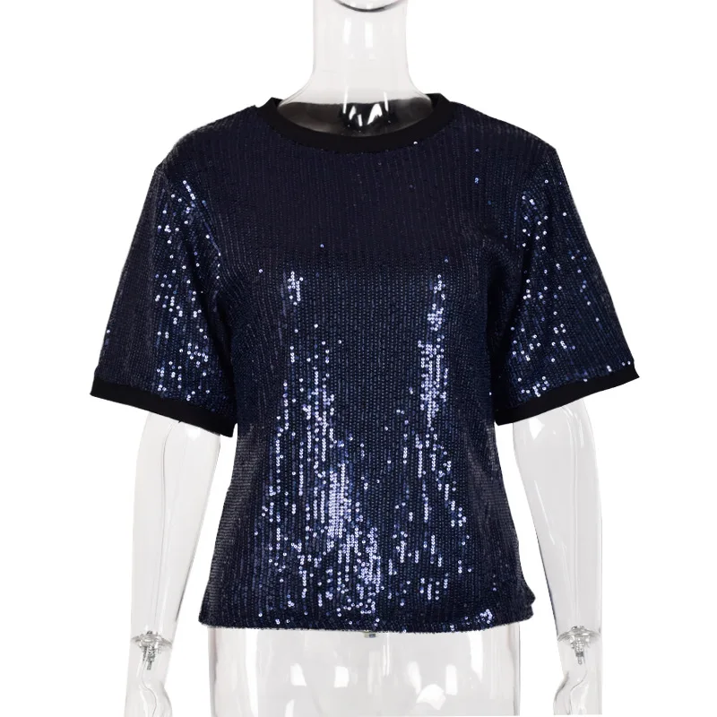 Летние сетки шить Футболка с пайетками свободная темно-синие футболки бисером