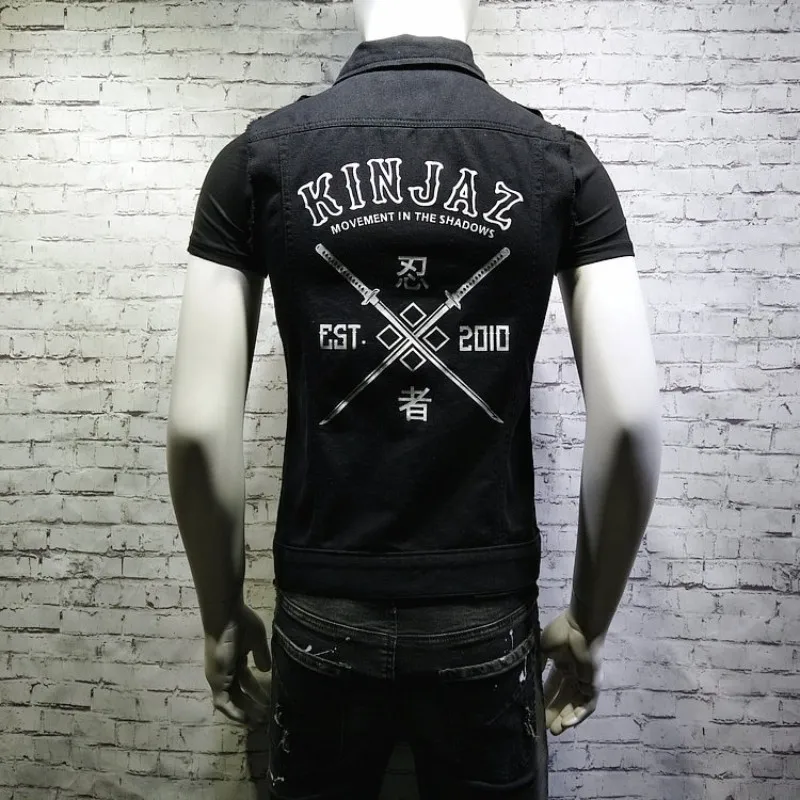 Fashion Mens Casual Sleeveless Denim Vest Short Jacket Harajuku Printed Single Breasted Waistcoat Korean Slim Fit Cowboy Vests | Мужская