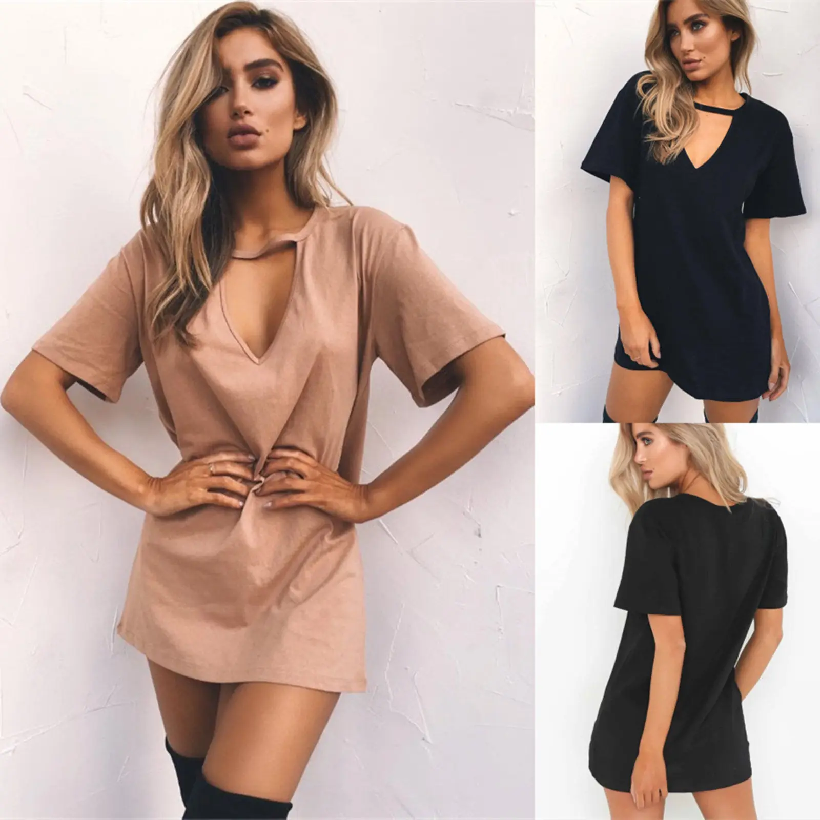 

Spring and Summer Amazon Hot Short-Sleeved Casual Sexy Deep Shirt Loose Dress 2018 Spring Mid-Skirt Shoulder