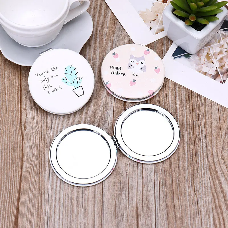 Маленькое круглое зеркало из искусственной кожи двухстороннее складное для