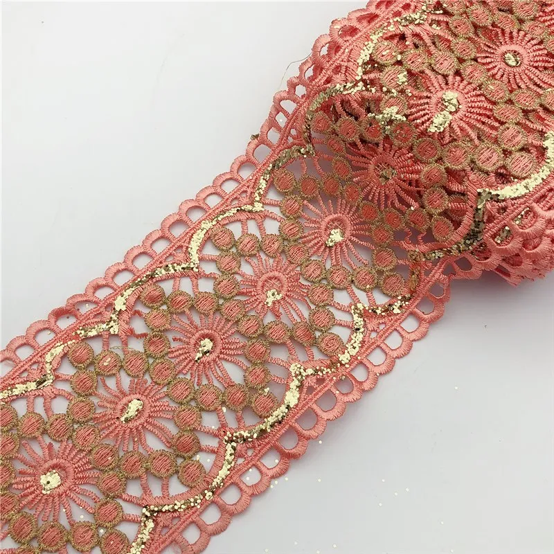 10 ярдов винтажная Золотая желтая и ярко-розовая вышитая кружевная ткань с