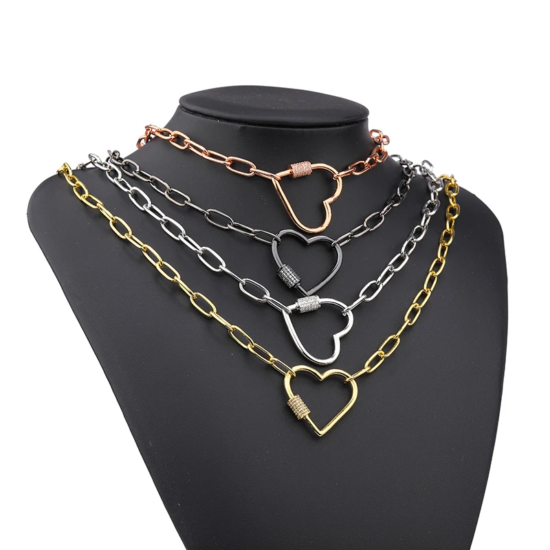 

JUWANG 2020 New Fashion O-chain Necklaces Jewelry Cubic Zirconia Heart Hook Pendant Punk Style Necklaces For Women Men