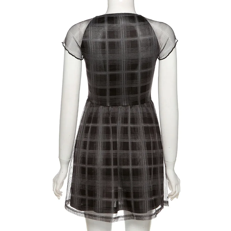 

Plaid Print Mini Dresses Summer Streetwear Square Neck Clothing Harajuku Short Sleeve Double Layer A-Line Black Dress