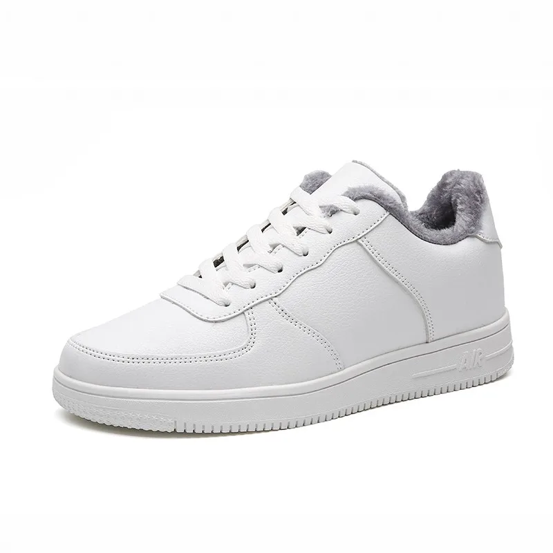 

Winter Leather Sneakers Men Plush Lace Up Flats Mens Casual Shoes Big Size Outdoor Male Rubber Shoes Unisex Trainers Black White