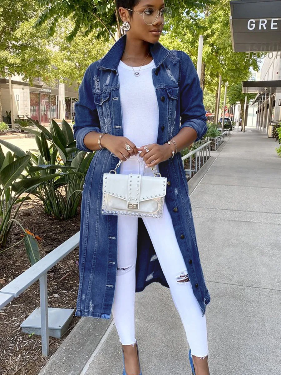 

Newest Women Denim Coats Autumn Plus Size Gradient Lapel Collar Long Sleeve Hollow Out Single Breasted Long Coat For Party