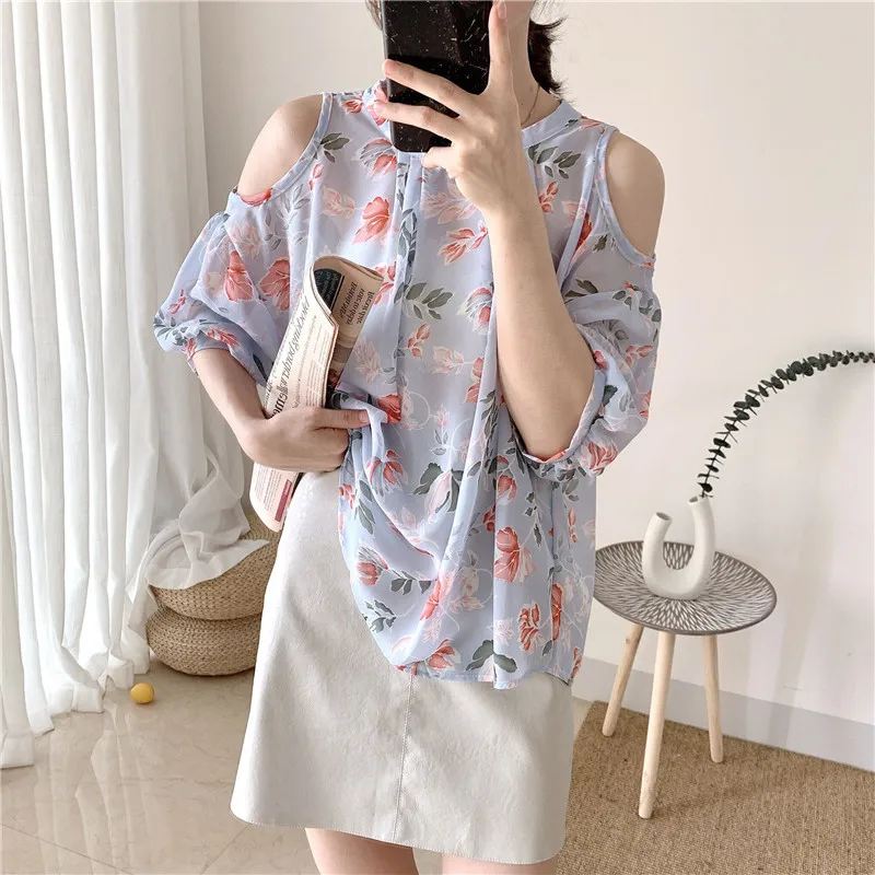 New Fashion Womens Chiffon Long Puff Sleeve Off Shoulder Tops Blouses Loose Casual Blouse Lady Sexy Hot Sale Top Shirt