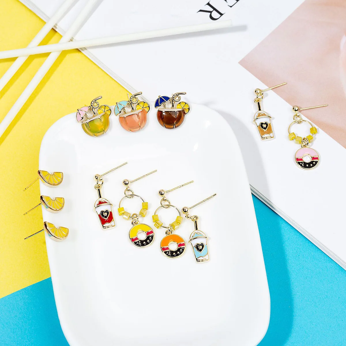 

Halloween decoration 2021 Trendy Donut Student Stud Earrings Cartoon Coconut Fruit Asymmetric Temperament Women's Earrings Fashi