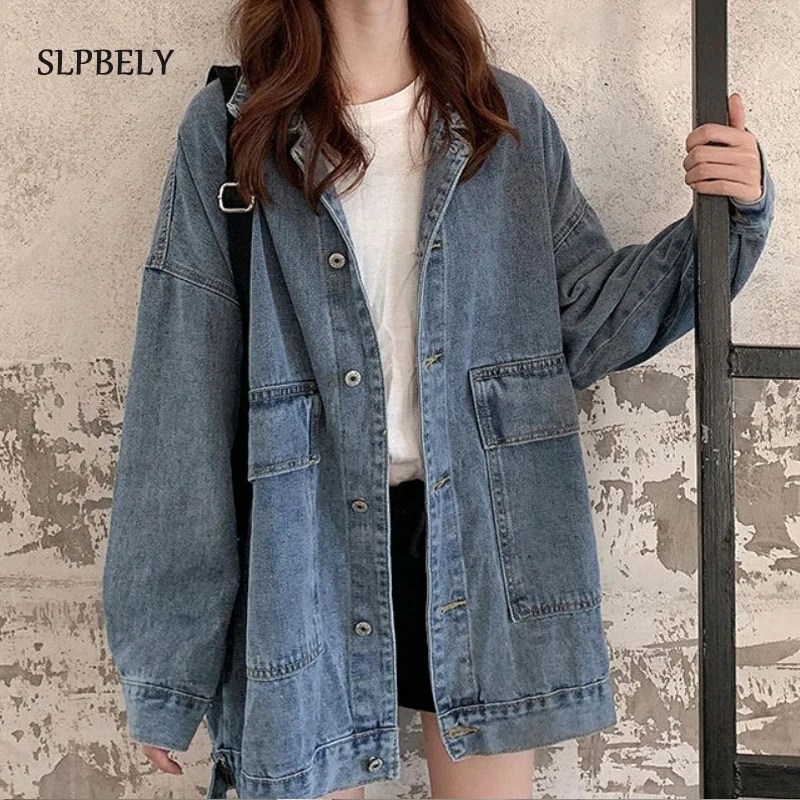 

SLPBELY Retro Jean Jacket For Women Clothes Oversized Blue Jeans Denim Coat Korean Coats 2021 Autumn Casual Harajuku Jackets New