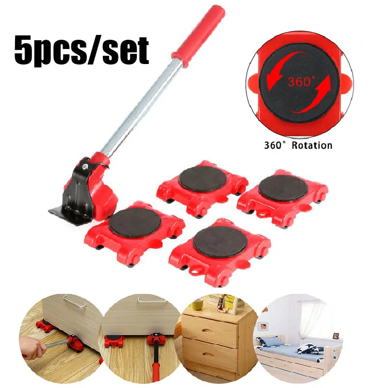

5Pcs Portable Furniture Mover Transport Lifter Tool Set Heavy Duty Furniture Remover Lifter Sliders Kit Wheel Bar Moving Device