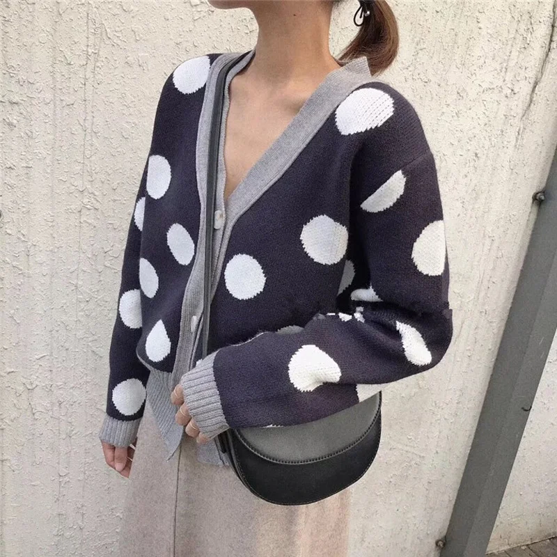 Autumn Winter Sweater Cardigan Women Vintage Loose V-neck knitted Open Stitch Jumpers Female Thicken Dots Knit Tops 2019 |