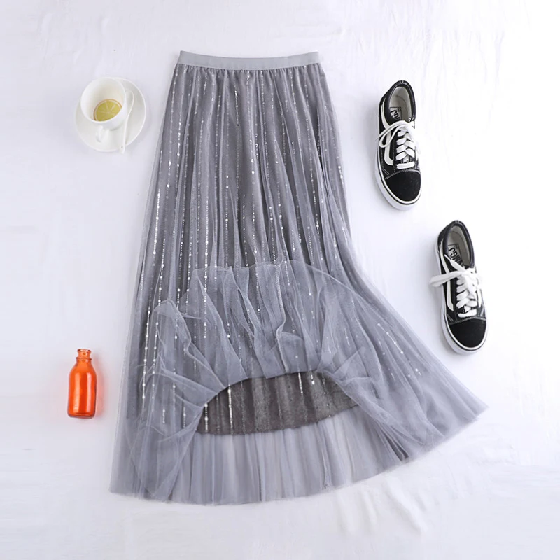 женская длинная юбка с бархатом и сеткой SURMIITRO плиссированная из тюля черного