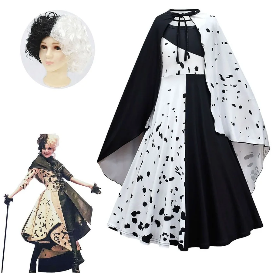 

Movie Evil Madame Cruella De Vil Cosplay Costume Kids Gown Black White Princess Dress Halloween Party Clothing with Cloak Wig