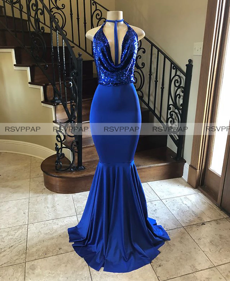 Длинные платья для выпускного вечера 2020 простые с лямкой на шее королевский