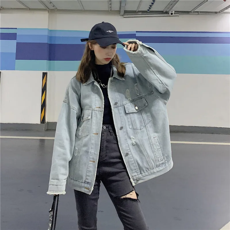

2021 Fashion Autumn Studded Frayed Women's Denim Jacket Loose Large Size Outerwear Irregular Jeans Jacket Streetwear Kz078
