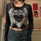 Гранж Сказочный Графический Ретро эстетический разы сердца Принт футболки винтажная Харадзюку одежда 90-х o-образный вырез осенние кроп-топы