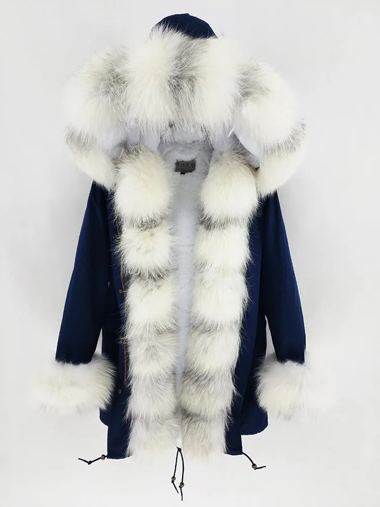white blue 17 Новая Длинная зимняя куртка женская верхняя одежда толстые парки натуральный Лисий Мех меховой воротник пальто с подкладкой с капюшоном камуфляж Pelliccia - Цвет: white blue 17