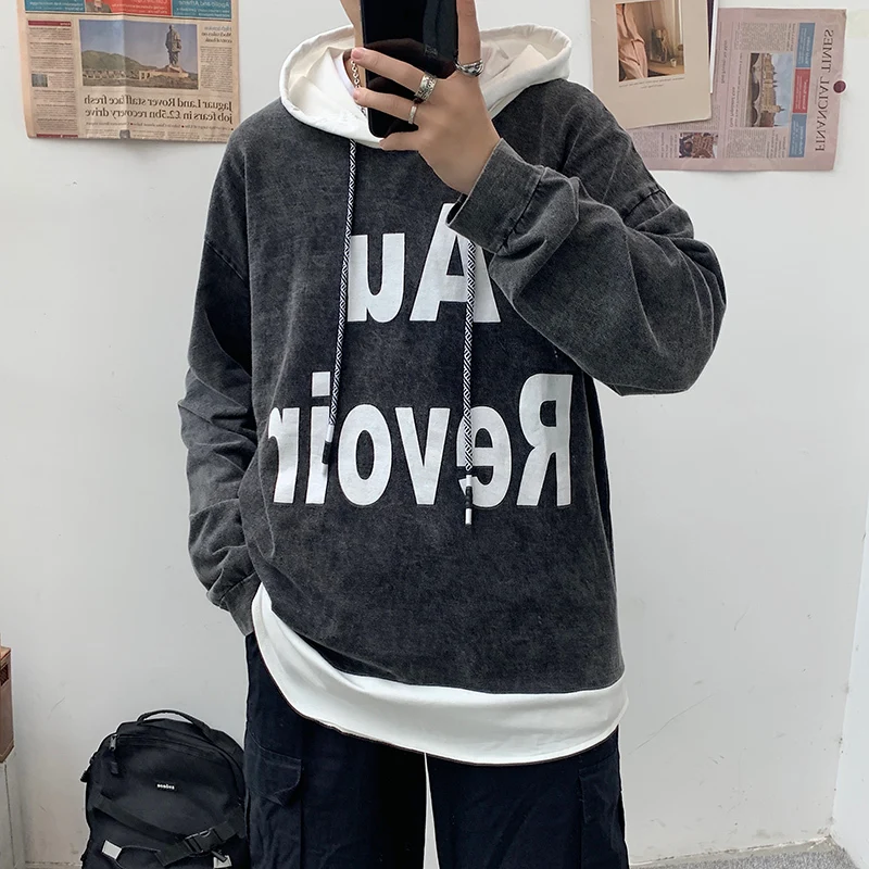 

2020 Spring And Autumn New Youth Pop Fake Two Hooded Sports Fashion Casual Loose Stitching Pullover Black / Khaki M-2XL