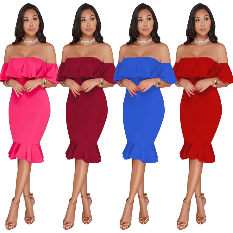 

2021 Short Sleeve Dress Fashion New Women's Wear Flounces Sexy Breast Bound One-Shoulder Summer Dress With High Waist