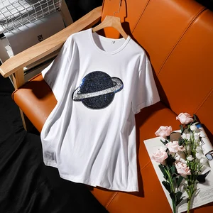 Футболка с короткими рукавами, женская летняя одежда, новинка 2021 года, корейская мода, планета с блестками, повседневная свободная, удобные белые женские топы