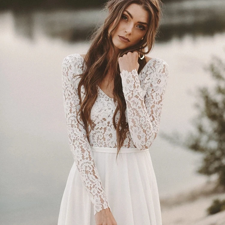 Lace Long Sleeve Boho Pre Wedding Shoot Dress Beach A Line Backless Customized Bridesmaid Gowns Factory 2021 New Spring #3049