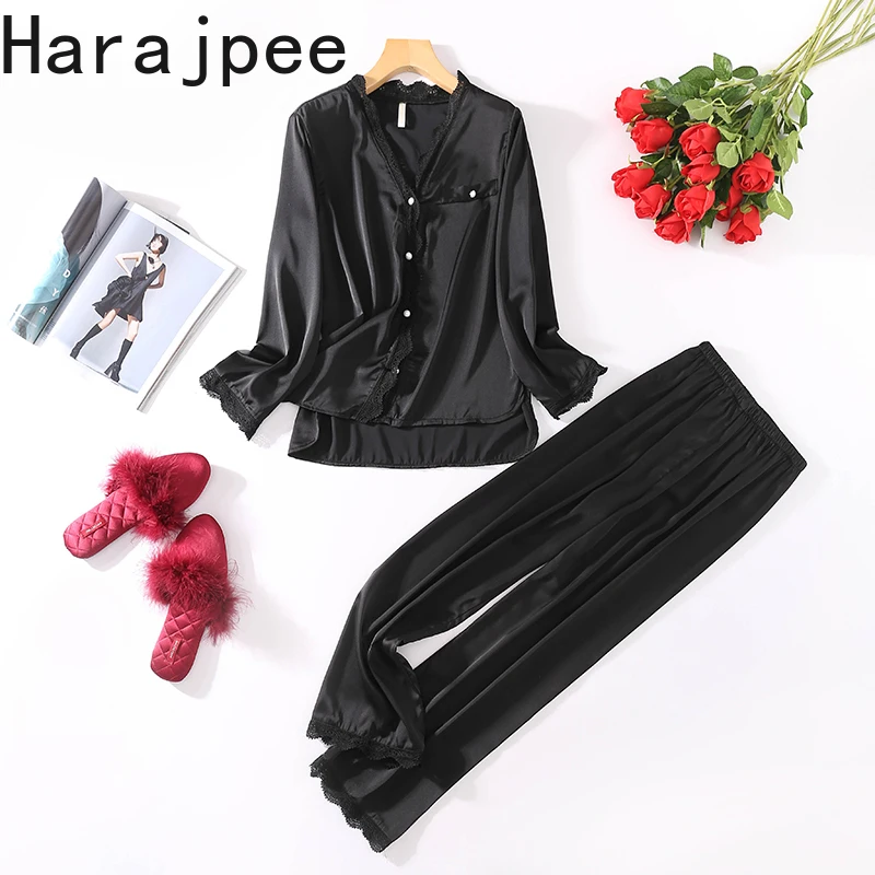 

Harajpee Women Pajamas 2021 Spring Autumn French Sexy Temperament Alluring Style Thin Lace V-Neck Solid Ice Silk Home Wear Suits