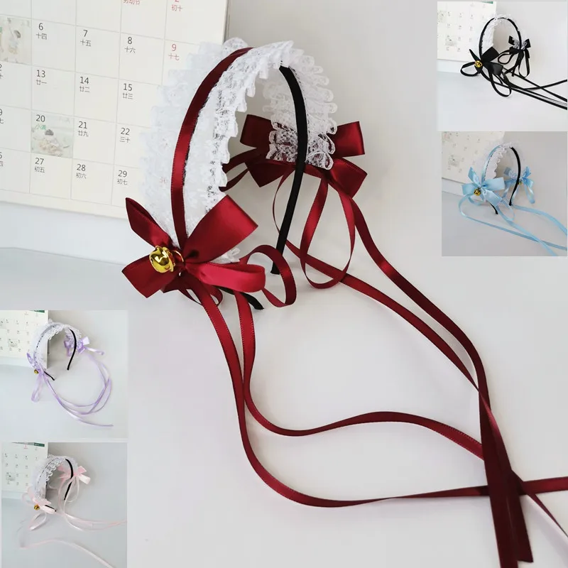 

Lolita Kawaii Lace Bow Ribbon Bells Headband Ears on The Head KC Dark Gothic Headdres Anime Plush Hair Accessories