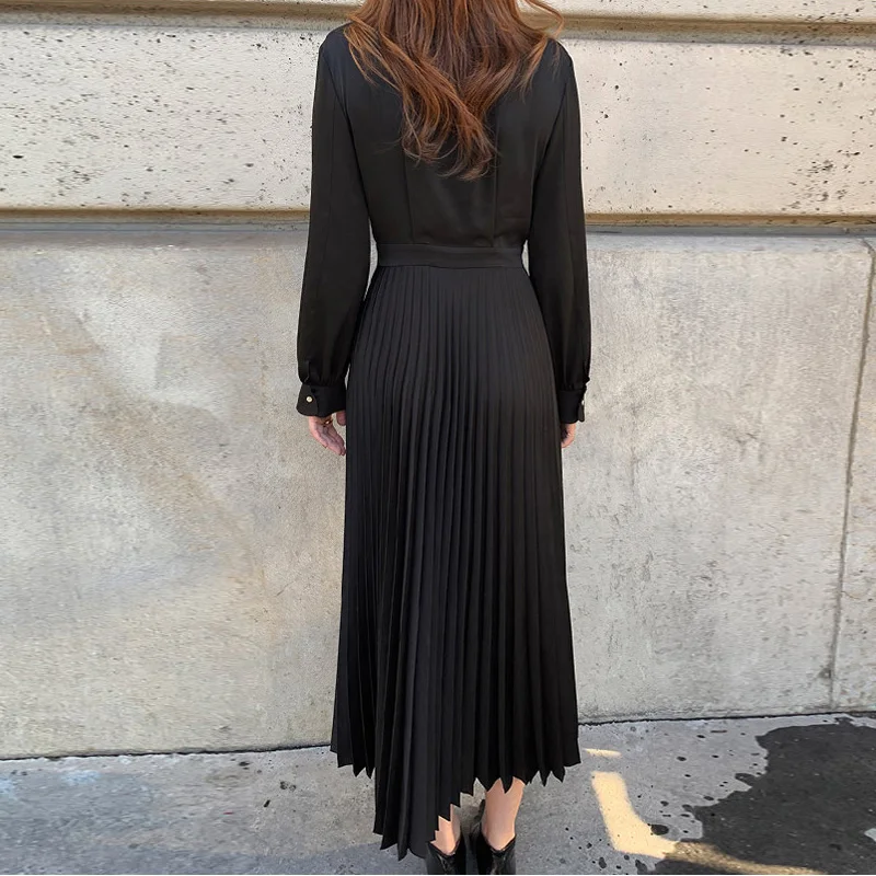 

Elegant Double Breasted Slim Waist Pleated Dress Women Notched Collar Work Wear Midi Dress One Piece A-Line Female Vestidos 2021