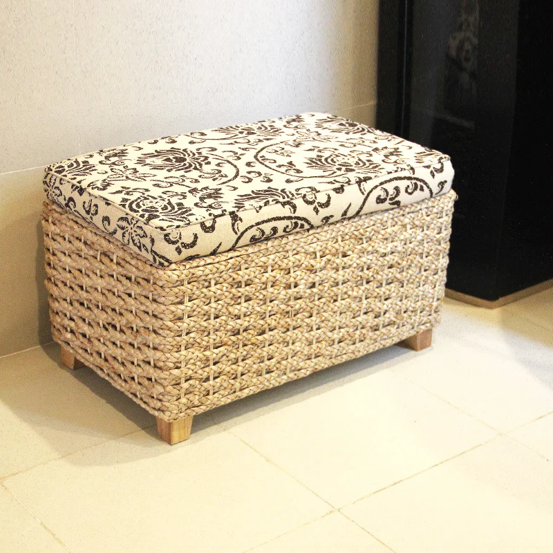 

New Handmade Straw Solid Wood Shoe Changing Stool Ottoman Rattan Storage Stool Can Sit Dual-use Foot Stool Sofa Stools