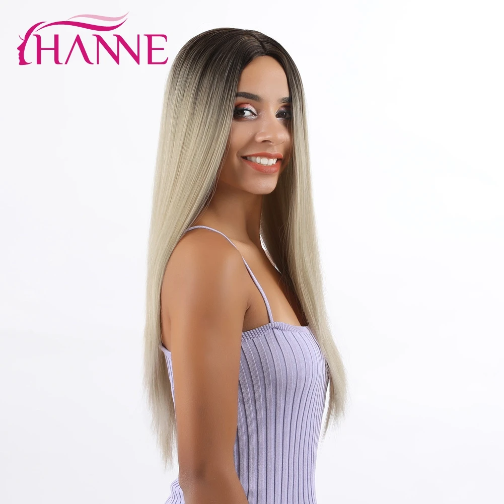 HANNE, 24 дюйма, Омбре, блонд, парики для женщин, прямой парик, синтетический блонд, длинный парик, косплей, жаропрочные, натуральные волосы, парики - Цвет: Многоцветный