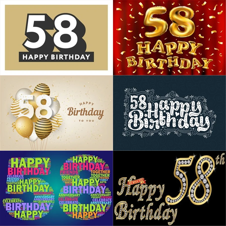 

Photo Studio Props Vinyl Photography Backdrop Fifty Eight Year Old Birthday Balloon Ribbons Cake 58st Birthday Party Decoration