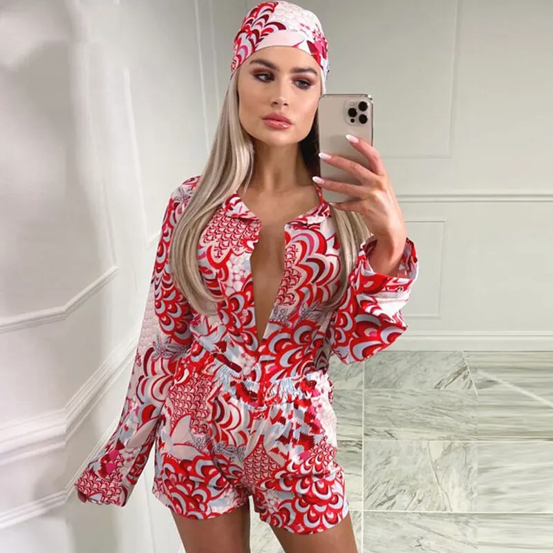 

2021 Summer Women Red Print Long Sleeve Blouses Top Shirts And Mini Shorts Set Casual Three Piece Sets Party Sexy Outfits