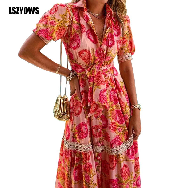 

Bohemian Summer Dress 2021 Women Printed Button Up Short Sleeve Bandage Maxi Dresses Vintage Patchwork Long Beach Dress Vestidos