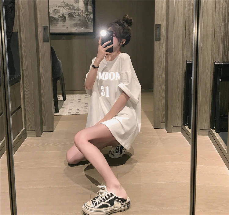 

YTX915 New Retro Hong Kong Flavor Loose Mid-length Reflective Letter Blouse Missing Round neck loose fit T-Shirt