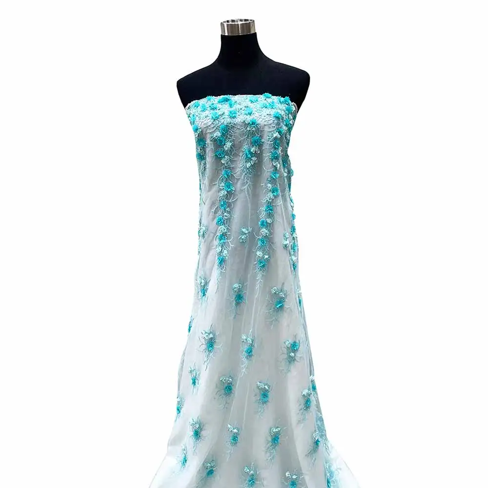 Высокое качество Небесно-Голубой 3D Цветы Вышивка Тюль Ткань Оптовая цена