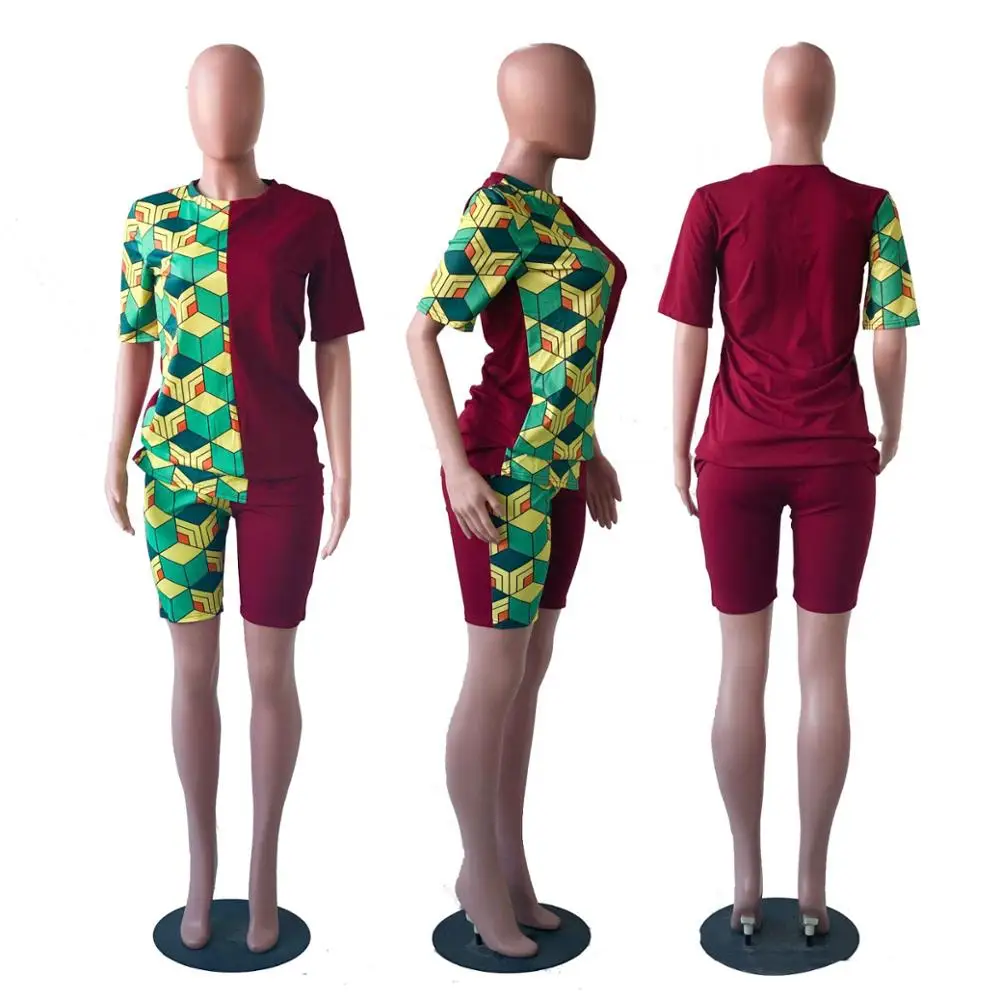 

printing patchwork sporty lounge wear fitness women two piece outfits short sleeve tee + skinny shorts jogger matching sets