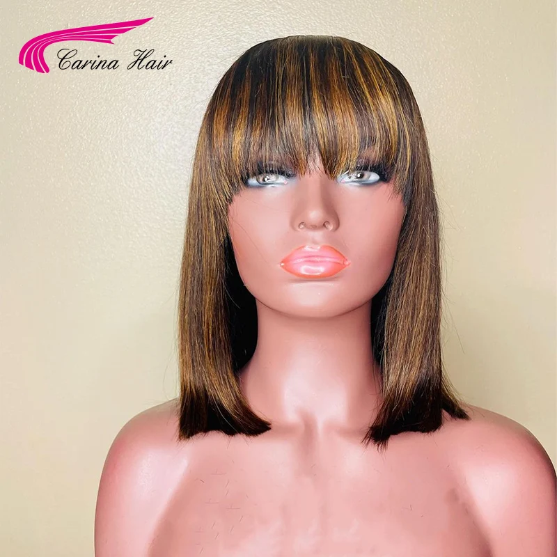 Highlight Blonde Color Brazilian Straight Bob Wig with Bangs Remy Human Hair Wigs For Women Glueless Machine Made Wigs for Women enlarge