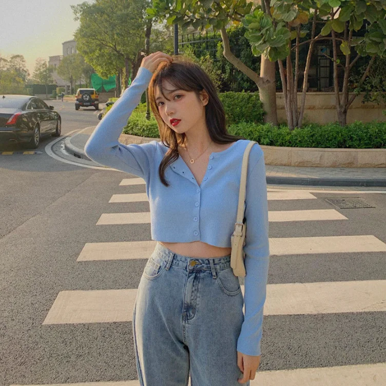 Короткий вязаный свитер с круглым вырезом в Корейском стиле женский тонкий