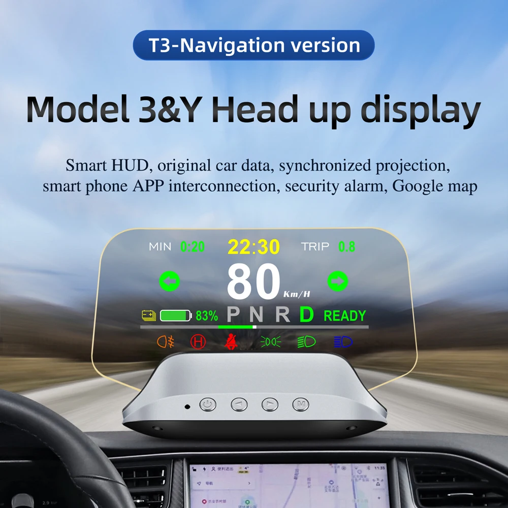 

Car Hud On-board Computer Auto Projector For Tesla Model 3&Y Head Up Display With Navigation OBD Interface Speed Voltage Alarm