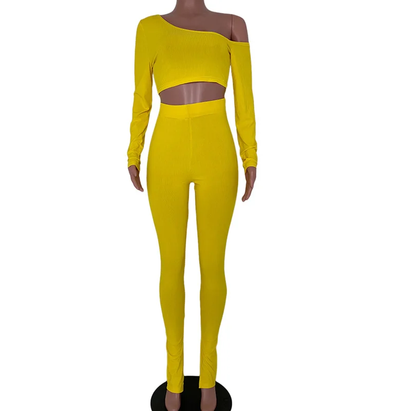 

2020 New Fashion 2 Two Piece Set Women Ribbed Slash Neck Long sleeve Top and Stacked Leggings Set Sexy Tracksuit