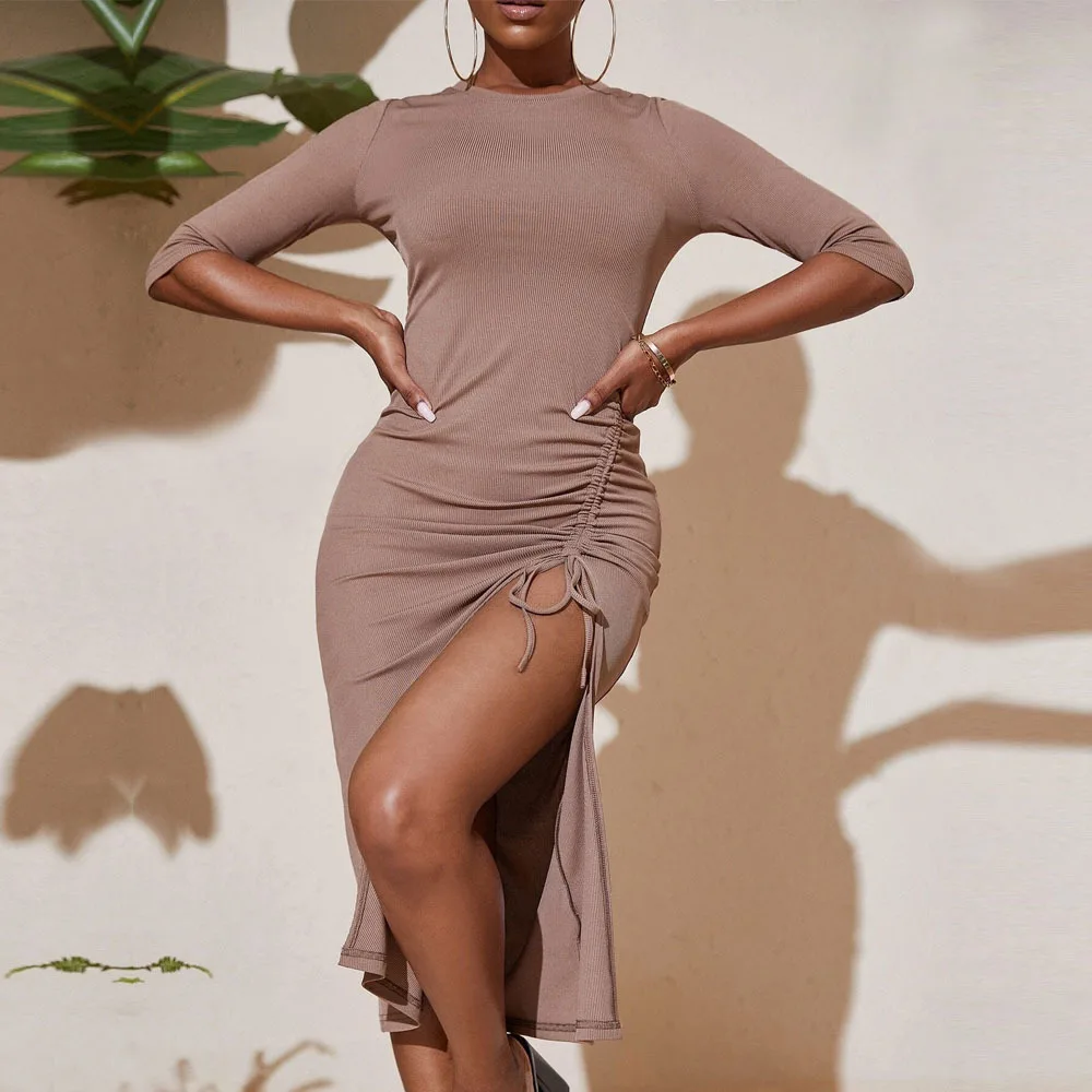 

Sexy Midi Dress Women Half Sleeve 2021 Fall Trend Fashion High Split Knitted Dresses Slim Side Drawstring Ladies Clothes On Sale