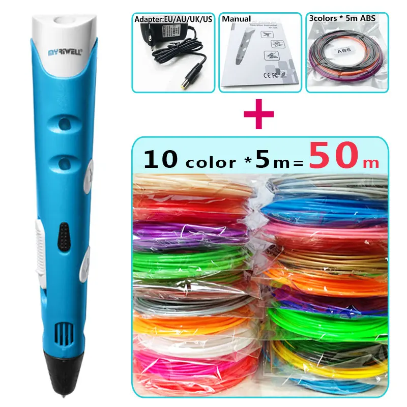 Myriwell 3d ручки + 10*5 м ABS нити 3 d Ручка модель Смарт печать лучший подарок для Kidspen ручка печати|3 pen|3d penmyriwell pen |